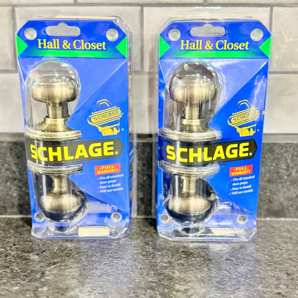 Pair Schlage Georgian Antique Brass Hall Closet Door Knobs F10 GEO 609 New